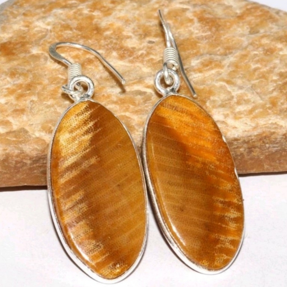 Fossil Coral Gemstone Jewelry 925 Sterling Silver Handmade Drop Dangle Earrings